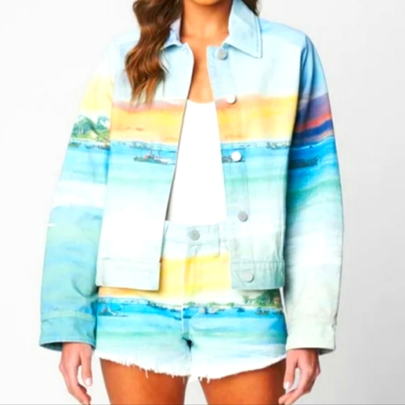 NWT Blanknyc Lost In Paradise Denim Graphic Art Oversized Jacket XL Beach - Picture 2 of 9